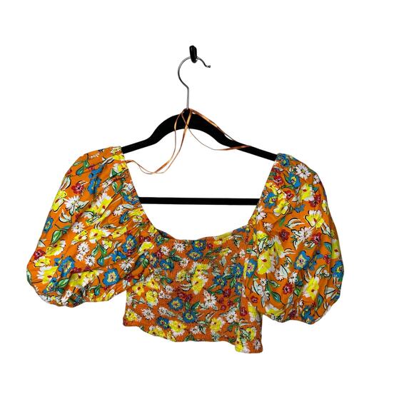 ZARA Floral Orange Crop Top Puffy Sleeve Women's Size Large - Picture 8 of 9